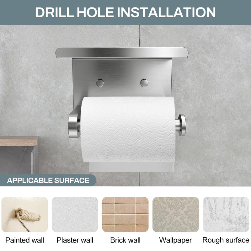 SetSail Toilet Paper Holder with Shelf Adhesive or Screw-in Bathroom Toilet Paper Roll Holders Wall Mount Brushed Nickel Heavy-Duty Tissue Holder for Bathroom Hardware Accessories, 2 Packs
