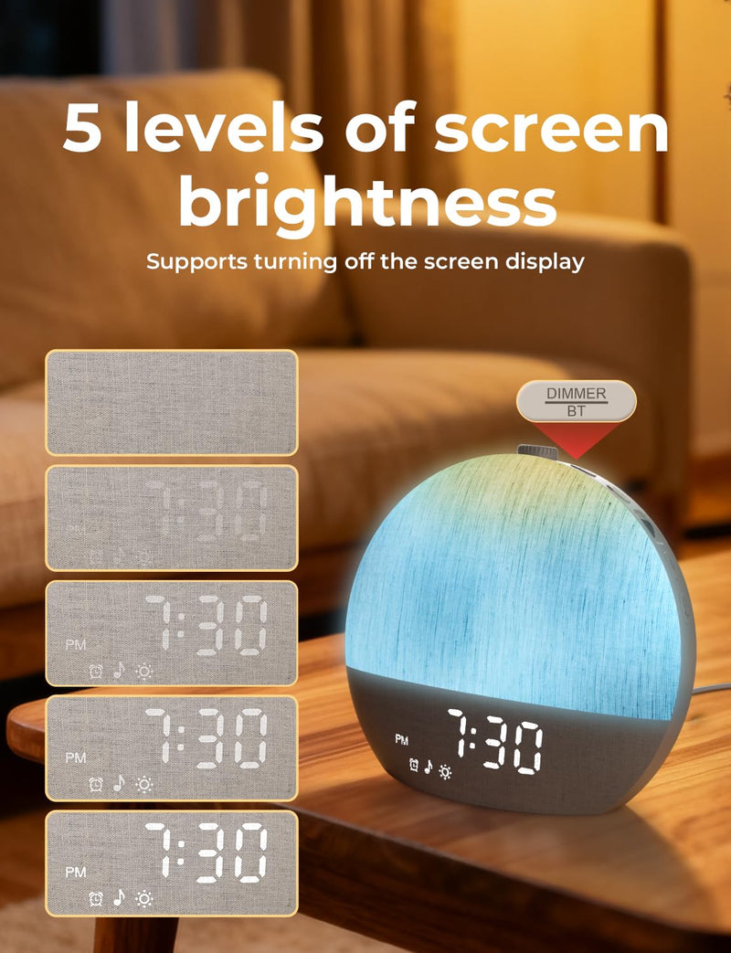 LIORQUE Sunrise Alarm Clock, Digital Alarm Clocks Bedside, Wake up Light with White Noise for Heavy Sleepers, 30 Sleep Sounds, Sleep Timer, Adjustable Volume & Brightness,Screen Free Design, Bluetooth