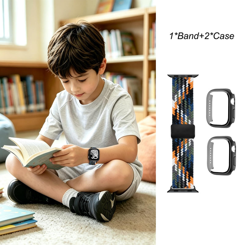 Braided Band and Case for Kids Apple Watch Band SE3/SE2/SE & Series 9-1 | Adjustable & Breathable Elastic Nylon Strap for Girls Boys iWatch Cowboy 40mm