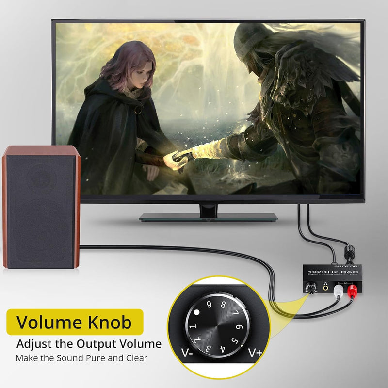  [AUSTRALIA] - PROZOR 192KHz Digital to Analog Audio Converter Optical to RCA Adapter Upgrade Volume Adjustable DAC with Optical Cable, SPDIF TOSLINK to Stereo L/R & 3.5mm Jack Converters 3.5mm & RCA Output DAC Volume Adjustable