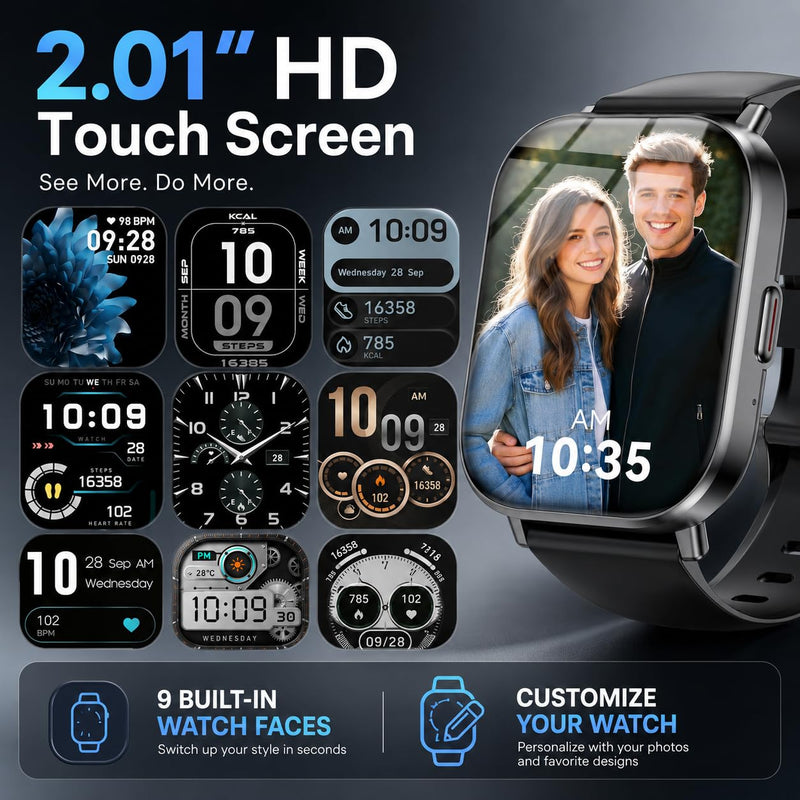 Smart Watch, 2.01" HD Touchscreen Fitness Tracker with Bluetooth Calling, 120+ Sports Modes, 24/7 Heart Rate Sleep Monitor, IP67 Waterproof Smartwatch Compatible with iOS Android (Black)