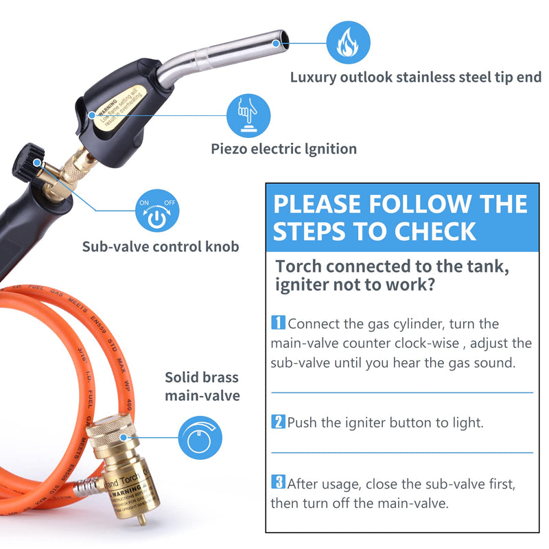 Propane Torch Hose Kit, Mapp Gas Torch Heat 3600℉ Map Gas Torch Kit Trigger Start & Heat Adjustment, Soldering Welding Torch Fuel by MAPP, Map/Pro,Propane(Includes Cylinder Clip) Orange