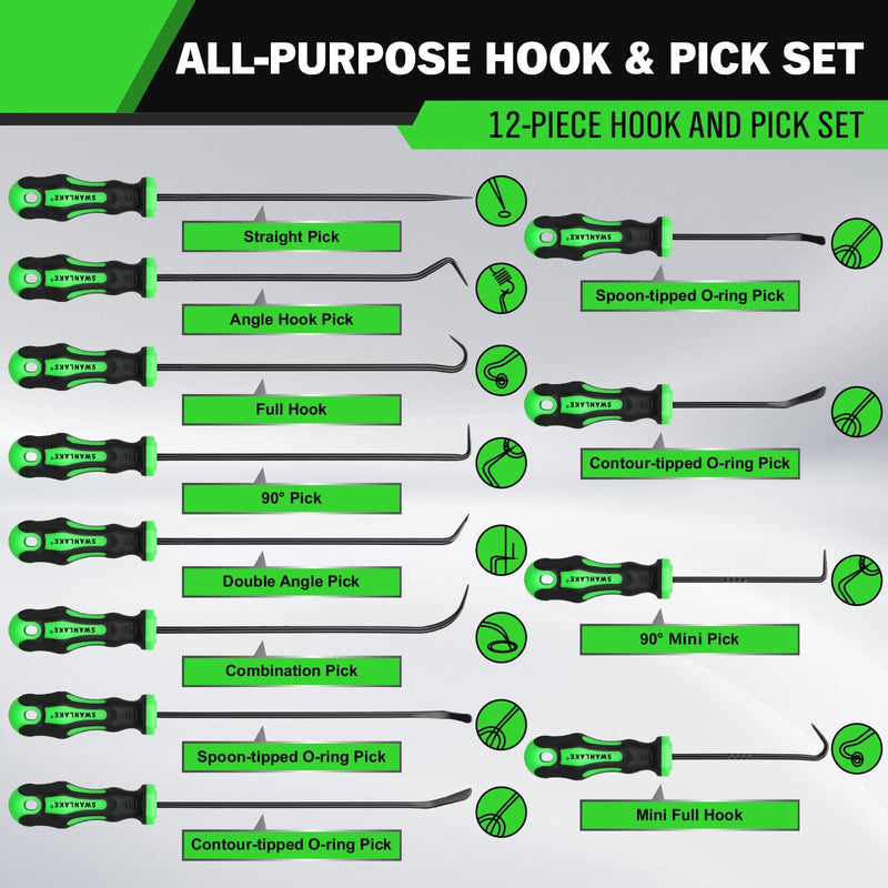 12-Piece Pick and Hook Tool Set, Automotive Mechanic Tools, Car Auto Oil Seal/O-Ring Seal Hook Kit, Lock Pick Set, Mini & Long Precision Hooks for Hoses, Gaskets, Seal Puller Removal