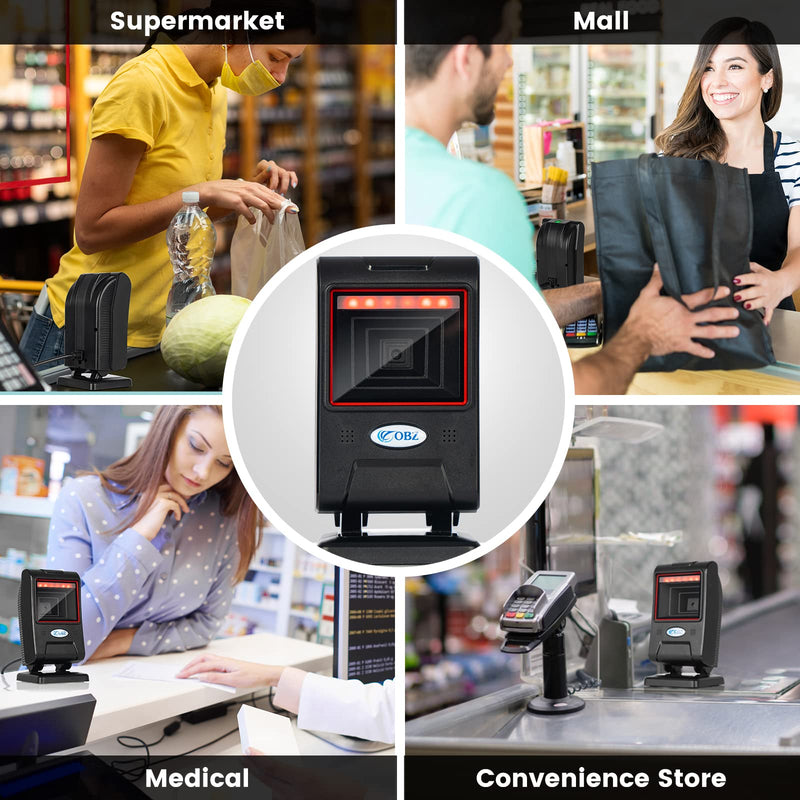 OBZ 1D 2D Desktop Barcode Scanner, QR Barcode Reader USB Handsfree Wired Scanner with Adjustable Scan Head, Automatic Barcode Reader for Android Windows Computer POS Stores Payment 2D QR Code Scanner