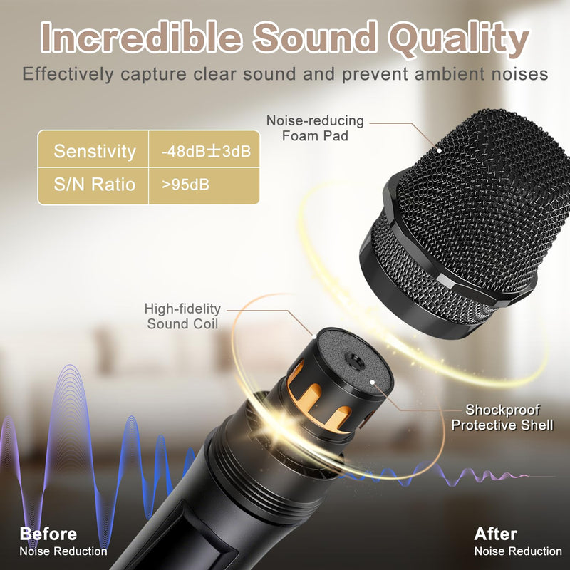 Wireless Microphone, Rechargeable Fixed Frequency Handheld Wireless Mic, Dual Cordless Dynamic Mic with Rechargeable Receiver-160ft Range, Karaoke Microphone for Party Singing Church Speech DJ Wedding Gray
