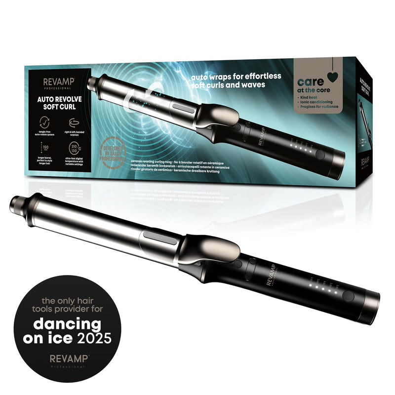REVAMP Auto Revolve Soft Curl - Automatic Rotating Hair Curler, Ceramic | Curling Iron Tong, Extra-Long Barrel, Long Hair, Tangle Free, Left & Right Hand Rotation