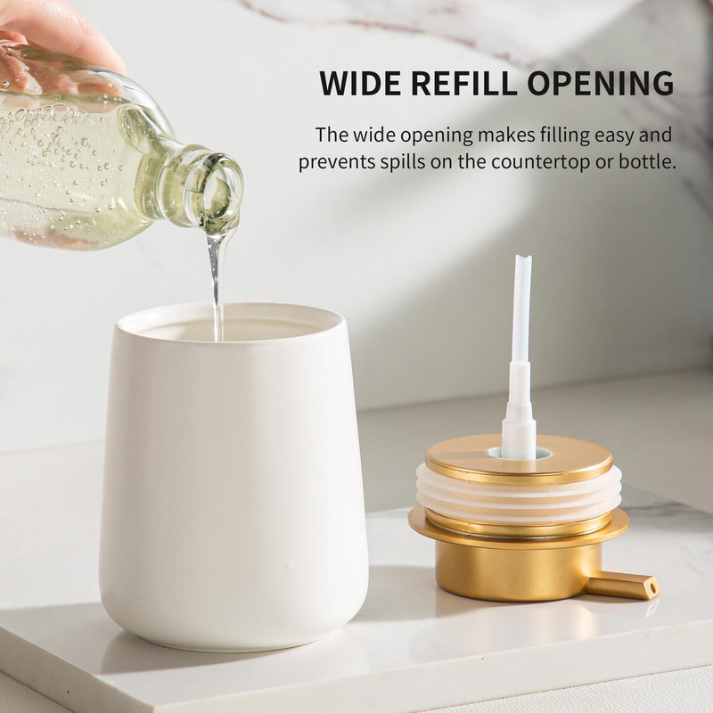 Enra Ceramic Soap Dispenser,12 oz Hand Lotion Dispenser with Gold Pump,Refillable Dish Soap Dispenser,Modern Liquid Soap Dispenser for Bathroom,Kitchen with Easy-to-Press Pump Liquid-white-gold Pump