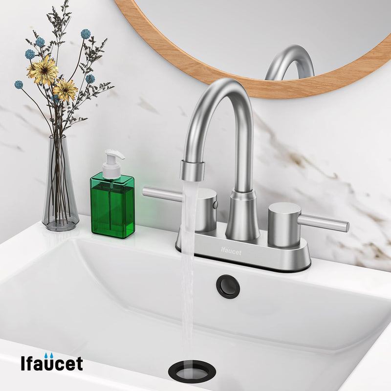 Bathroom Faucets, Bathroom Faucet 3 Hole, Bathroom Sink Faucet, Faucet for Sink 4 Inch 2 Handle Centerset, Lead-Free, with Copper Pop Up Drain (Brushed Nickel) Brushed Nickel Style A