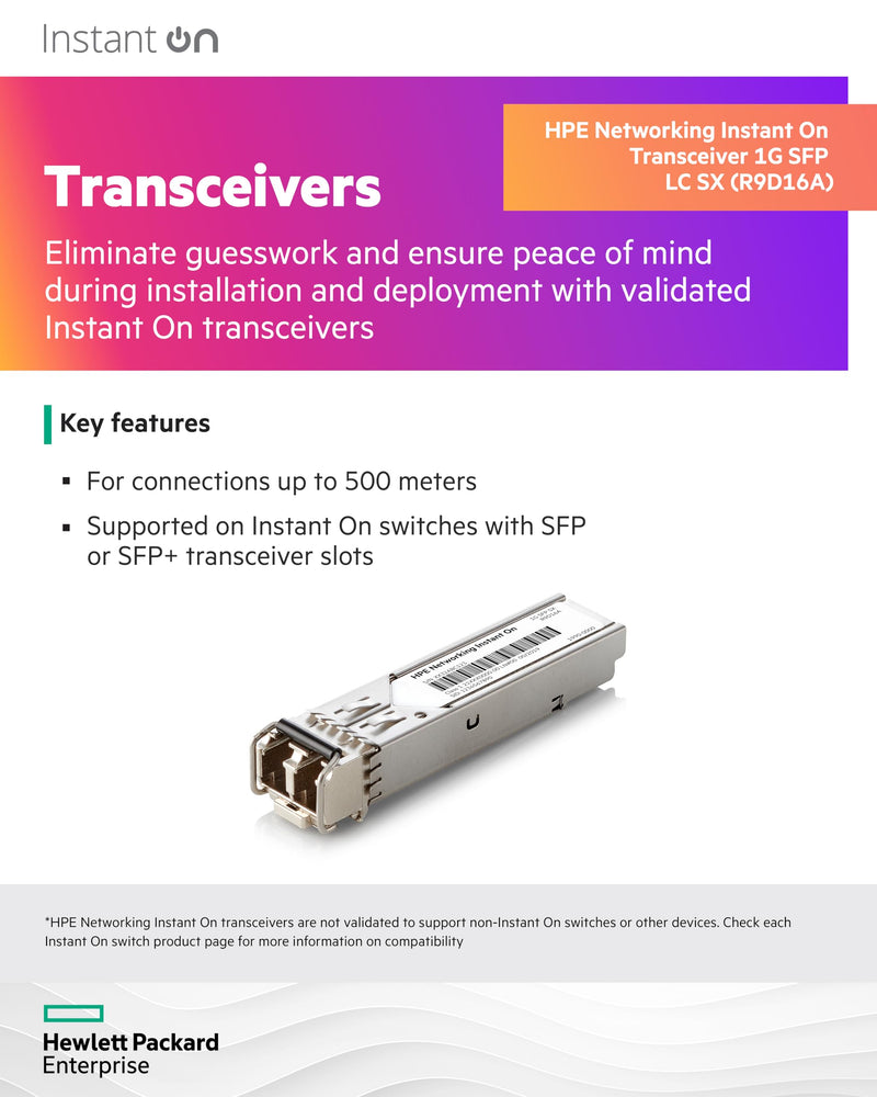HPE Networking Instant On 1G SFP LC SX Transceiver for Connections Up to 500 Meters (R9D16A)