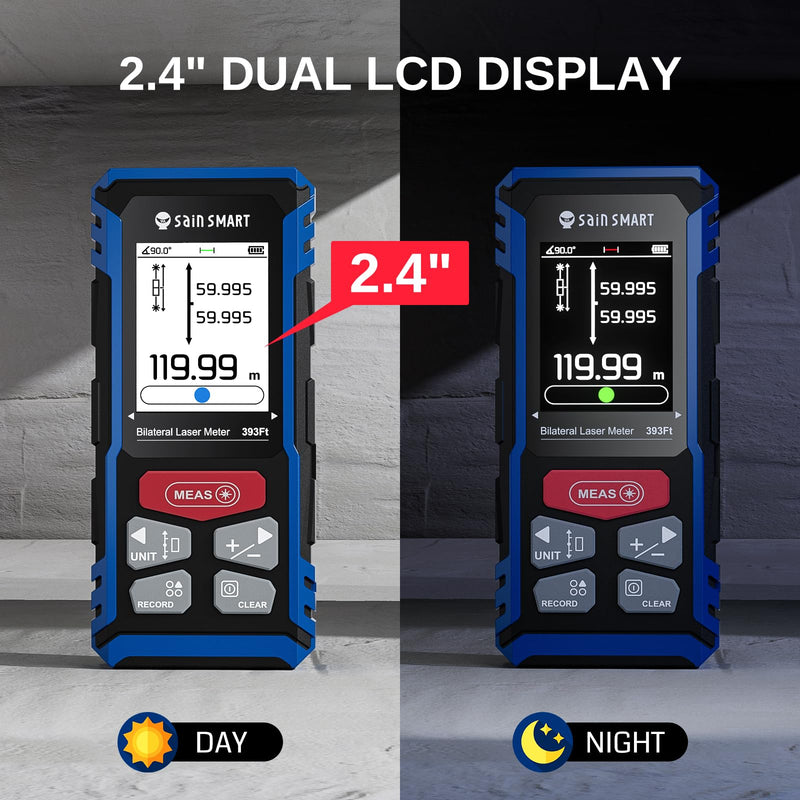 SainSmart Dual Laser Measuring Tool, 393Ft Red Bilateral Distance Meter with Backlit LCD, Rechargeable, Multi-Unit, Electronic Level, Length/Area/Volume/Angle Sensor/PC Data Transfer,Laser Class 2