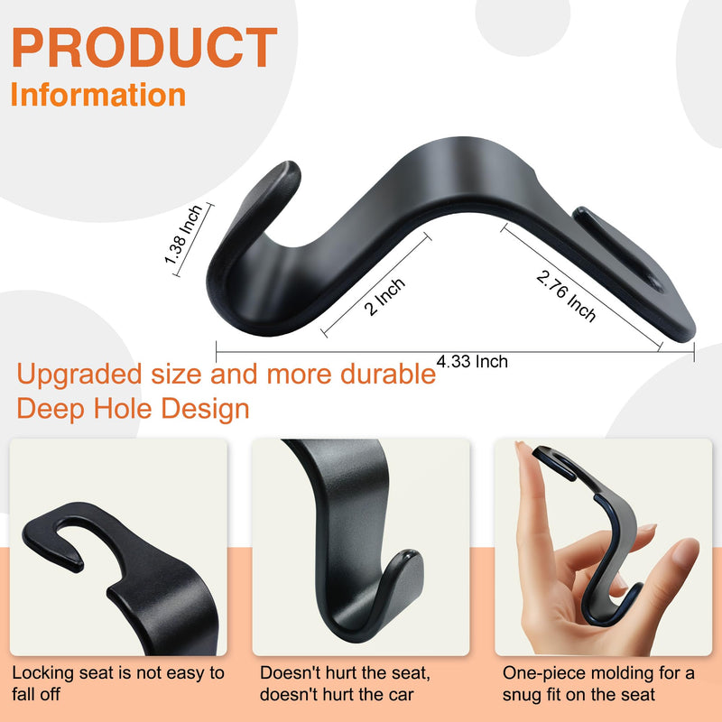 Car Seat Hooks & Purse Holder - 4 Pack Boxed,55 lb Heavy Duty,Eco PP Car Hooks for Purse/Bag/Baby Gear/Gym Bag/Groceries/Cup/,Fits 0.32-0.55”Car Headrest Rods (Black) Black