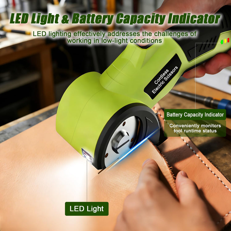 Cordless Electric Scissors, 4V Rechargeable Rotary Cardboard Cutter, 2 Blades, Safety Lock & LED Light, Multipurpose Cutter for Carton, Fabric, Carpet, Plastic, Leather