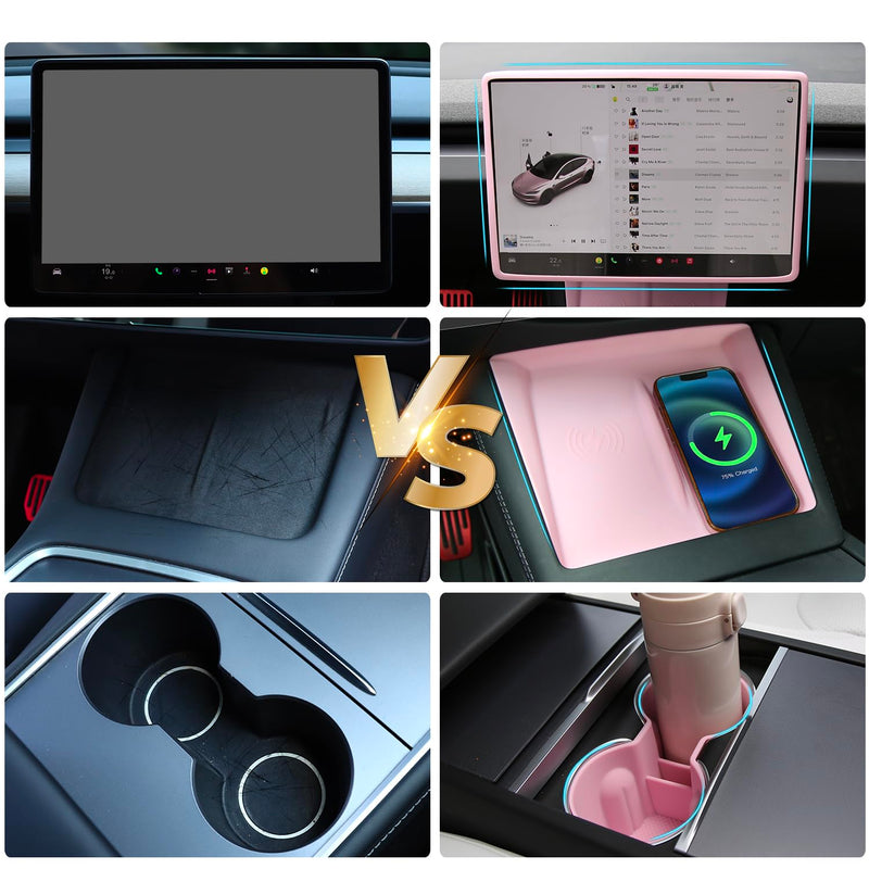 3PCS Center Console Accessories for Tesla New Model Y Juniper 2025 Model 3 Highland 2024 Cup Holder Insert, Screen Edge Protector Frame, Wireless Charger Mat Silicone, Pink New Model 3/Y
