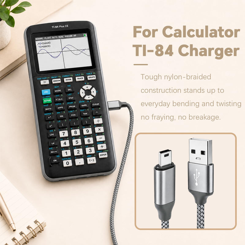 TI-84 Plus CE Charger Cable for Texas Instruments Calculator | 5ft TI-84 Plus CE Data Power Charging Cord, Compatible with TI-Nspire CX II CAS C Silver Edition TI89 Charger Cable