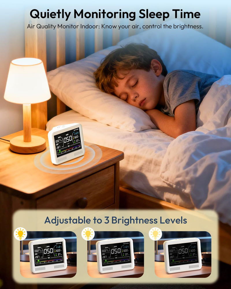 16-in-1 Air Quality Monitor Indoor, CO2 Monitor with 9 Readings & 7 AQI Alerts, Air Quality Tester for CO2, TVOC, HCHO, PM2.5 PM1.0 PM10, Temp Humidity & Time, Indoor Meter for Home Office (PureWhite) PureWhite