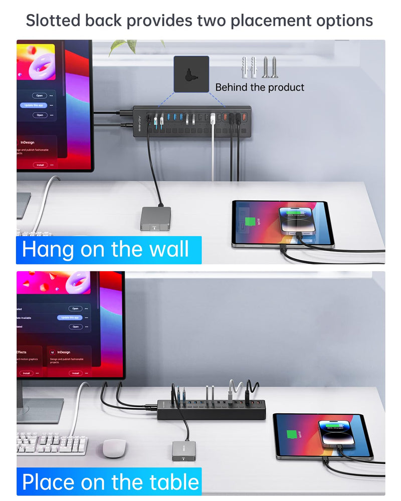 Powered USB 3.0 Hub, ACASIS 16 Port USB Hub Powered(Include 2*USB C 3.0+4 Smart Charging Port) with 60W Power Adapter, Support Wall Mount, USB Hub for PC Laptop, Mac, Printer, Camera 16 ports