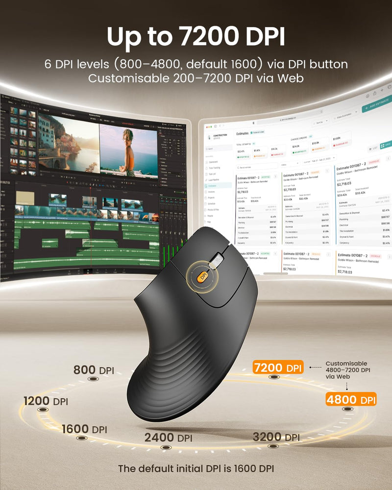 ProtoArc EM11 Pro Ergonomic Mouse for Large Hands, Side Scroll, Black | Designed for hands 7.5-8.5". Browser-based customization, Side scroll wheel for Excel/video editing, Multi-Device.