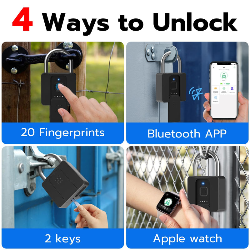 Fingerprint Padlock, Dhiedas Pad Lock with Fingerprint Bluetooth Key Waterproof Heavy Duty Combination Lock for Outdoor Fence Gate Shed Warehouse Gym Storage Yard 1.6 Inch Shackle