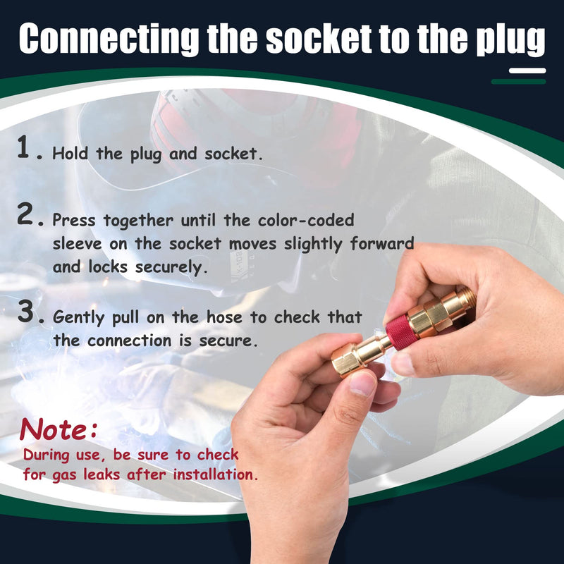 Upgraded QDB10 Torch to Hose Quick Connect Set, With Check Valves. Brass construction color coded for safety (oxy/green, fuel/red).