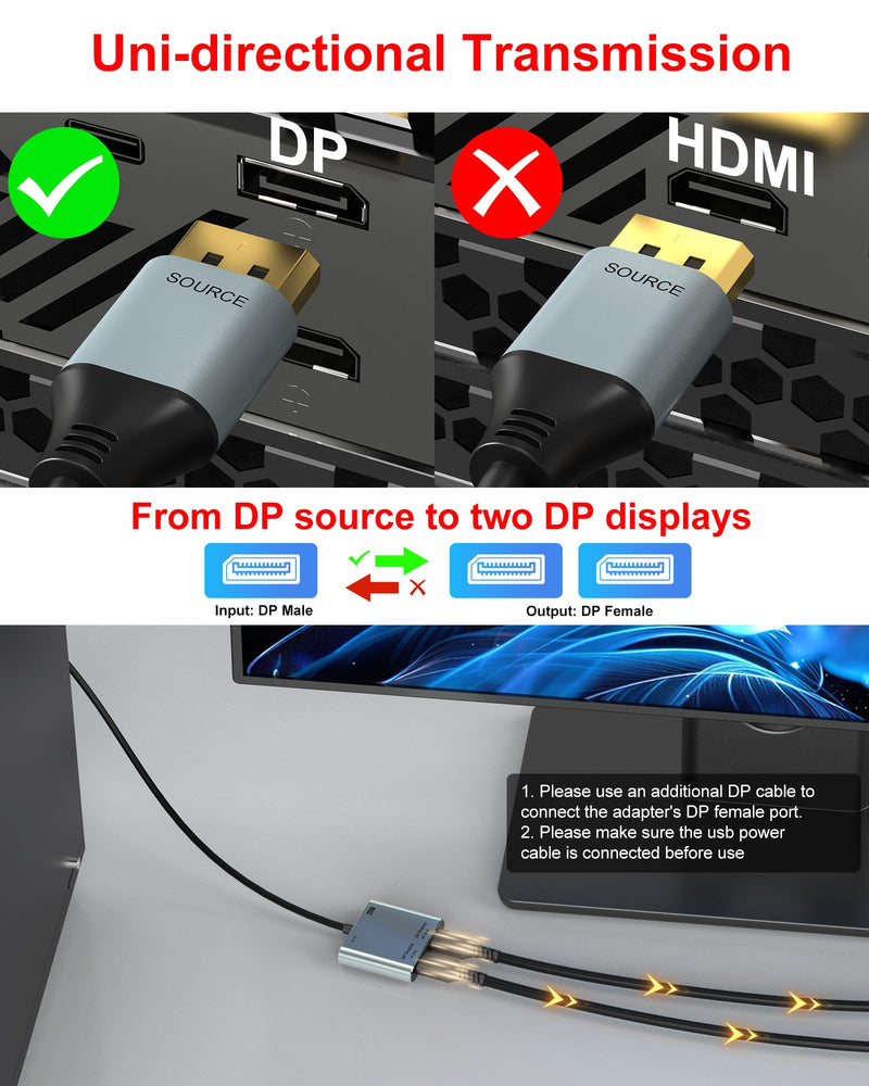 DisplayPort to Dual DisplayPort Splitter Adapter, 4K@60Hz Display Port Splitter Extended Display for Dual Monitors, DP1.4 Splitter 1 in 2 Out, DisplayPort MST Hub for PC, NVIDIA, AMD Graphic Card