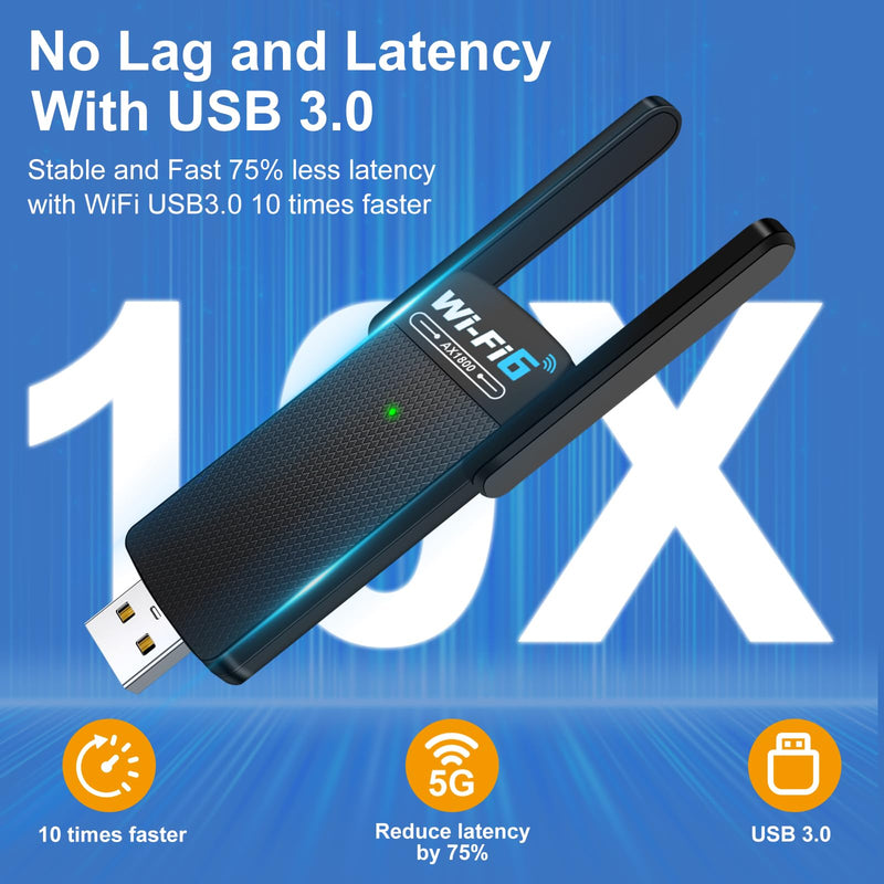 USB WiFi 6 Adapter with Bluetooth 5.2, Dual 3dBi Antennas for 5GHz/2.4GHz Wireless Network - High-Speed Dual Band Adapter for Desktop PC, Laptop, Windows 11/10/7, Gaming/Streaming Compatible Black