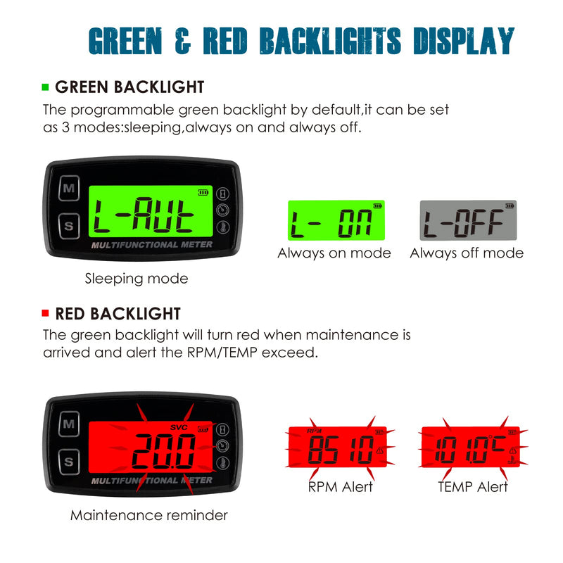 Runleader Digital Oil Water Temperature Gauge,Real-time RPM Display,Alert Temperature&RPM,Working Hours Tracking for Lawn Mower Generator Dirtbike Paramotor Outboard Motor Scooter Compressor.
