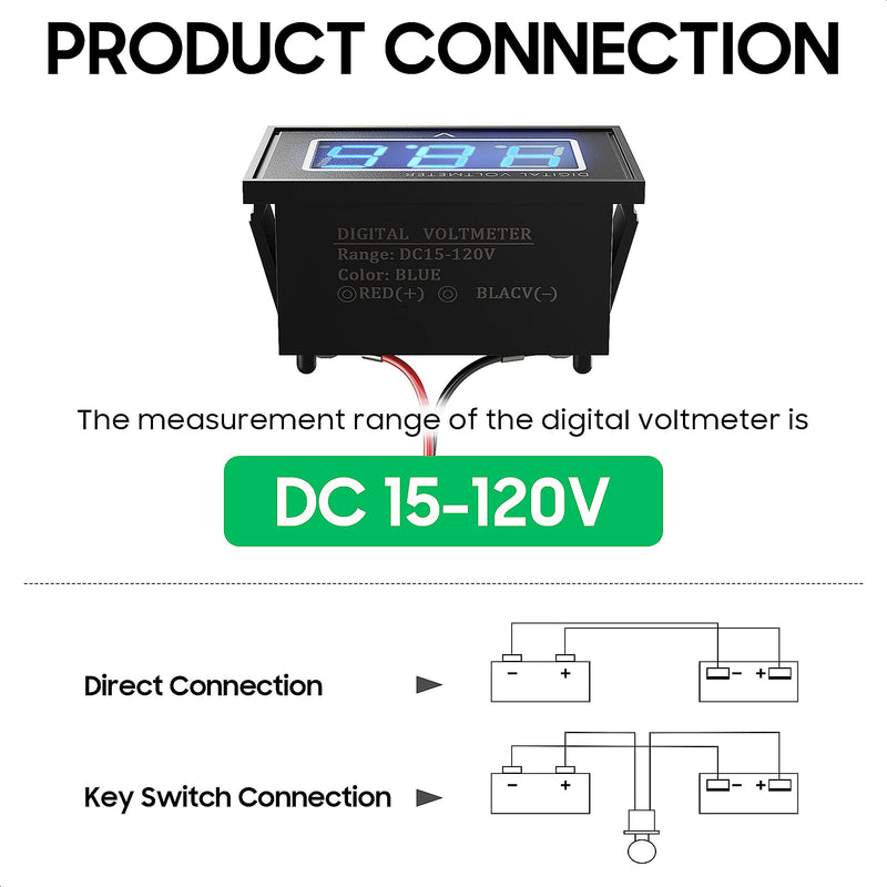 10L0L 12V 24V 36V 48V 60V 72V Golf Cart Digital Voltmeter, Waterproof Voltage Meter with LED Digital Volt Gauge DC5-120V Compatible with Yamaha, Club Car, EZGO, Boat