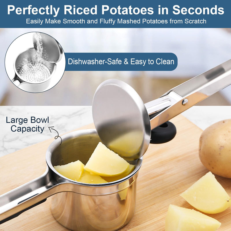 Large 15 oz Stainless Steel Potato Ricer with Silicone Grip - Heavy Duty Ricer for Mashed Potatoes, Purees Black