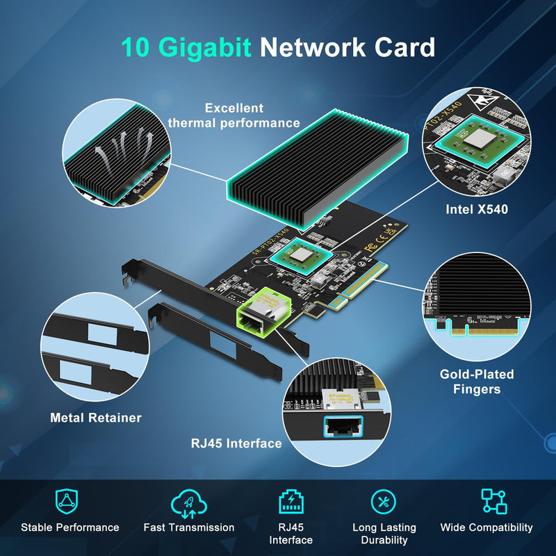 10Gb RJ45 PCI-E Network Card with X540 Controller, Gigaplus X540-1T 10Gb Ethernet Adapter with Single 10Gbe PCI-E NIC, Support Windows/Linux/ESX Servers