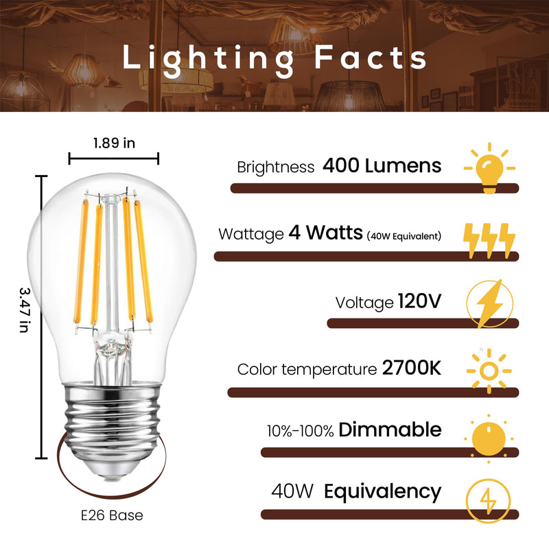 A15 LED Light Bulb 4W (40W Equivalent), 2700K Warm White, Dimmable Edison Filament, 400 Lumens, E26 Medium Base, Clear Glass – Ceiling Fan, Refrigerator/Appliance, Vanity & Chandelier (6-Pack) 4w Warm White 2700k Led 3.5 In (6 Pack)