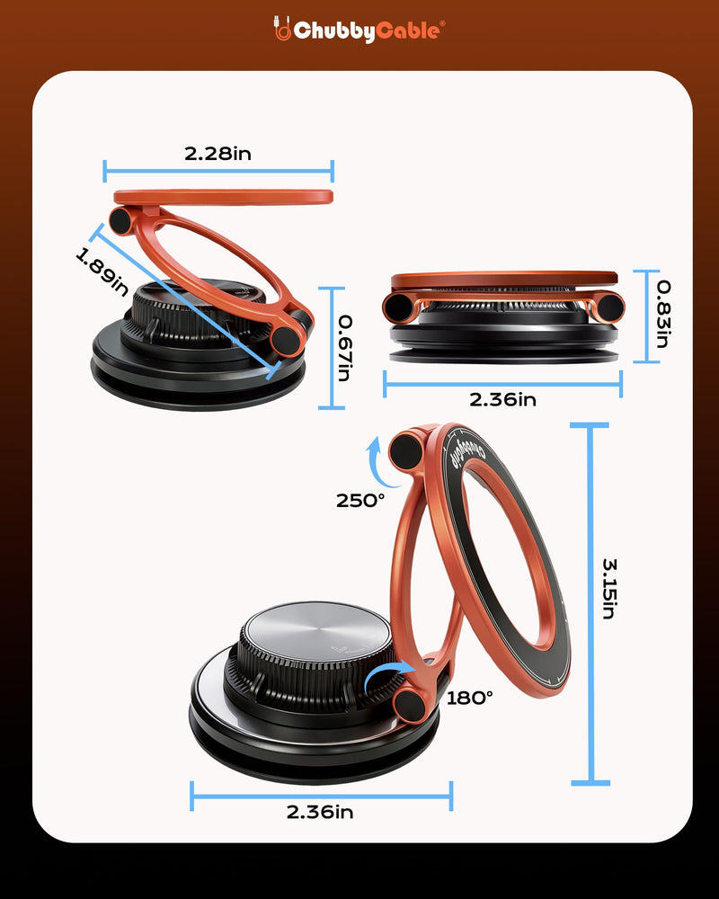 chubbycable Magnetic Car Phone Holder 360° Rotation with Vacuum Base | Foldable design with ultra-strong magnetic hold, vacuum suction base, compatible with MagSafe iPhone 12-17 series and Android Vacuum Base-Orange 1 Pack