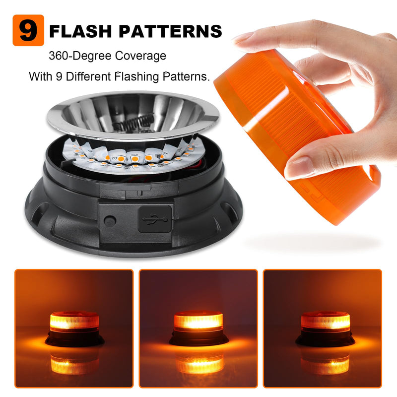 AnTom Magnetic Wireless Strobe Light, Waterproof Rechargeable LED Beacon Lights for Trucks, Vehicle Emergency Flashing Warning, forklifts,Tractors,Golf Carts,Cars Amber