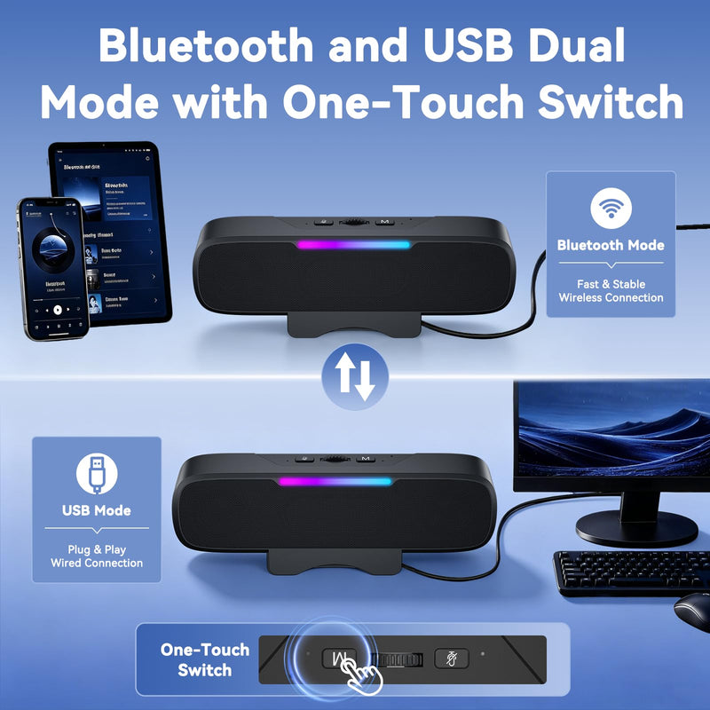 OHAYO Computer Speakers for Desktop PC Monitor, USB Plug-in Laptop Speaker Bar with G-Sensor, BT 6.0, Loud Sound with Deep Bass, RGB Light, Easy Clip-on Design, Volume Knob, USB-C Adapter (Black) Black