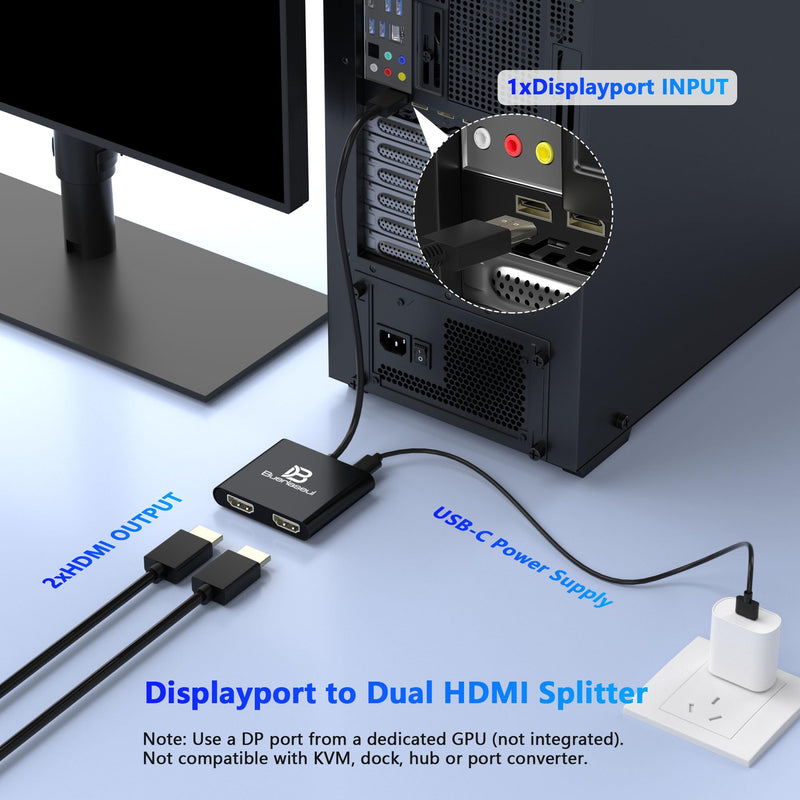 DisplayPort to Dual HDMI Splitter 4K@60Hz, USB-C Powered, DisplayPort 1.4 MST Hub DP to HDMI 1 in 2 Out Splitter for Dual Monitors Extended/Clone Mode for Desktop PC Graphics Card Home Office Gaming Black