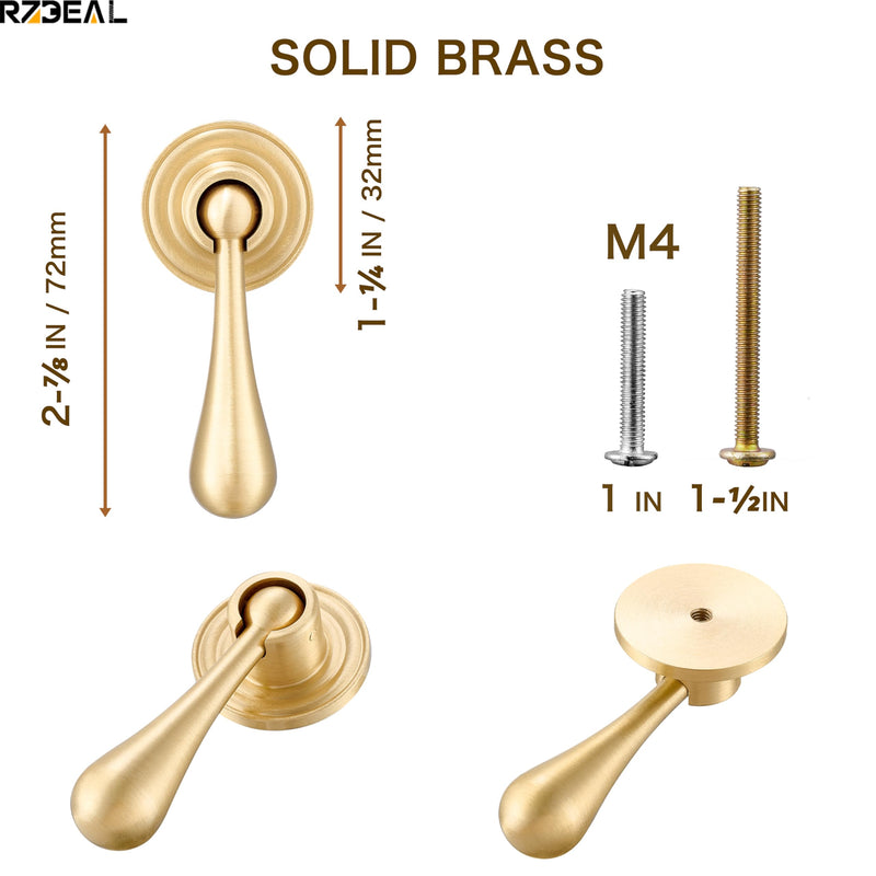 RZDEAL Solid Brass Cabinet Knobs 6 Pack, Modern Brass Brushed Pendant Drop Knob，Gold Cabinets Drop Pulls for Kitchen Drawer and Dresser