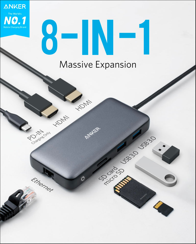 Anker Laptop Docking Station Dual Monitor, 8-in-1 USB C Hub with 4K HDMI | Dual HDMI USB C Dock, 1Gbps Ethernet, 85W Max PD, SD/TF Card Reader, for USB C Laptops, XPS and More (Charger Not Included) 8 in 1 【2 HDMI + Ethernet】