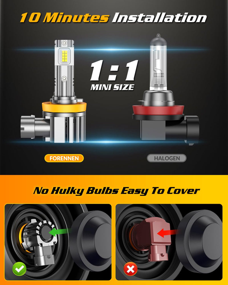 FAHREN H11 LED Bulbs, 40000 LM H11/H9/H8 Fog Light bulbs, 800% Super Brighter, 1:1 Real Size with 10 Years Longer Lifespan, 6500K Cool White, IP68 Waterproof, Play-N-Plug, Pack of 2