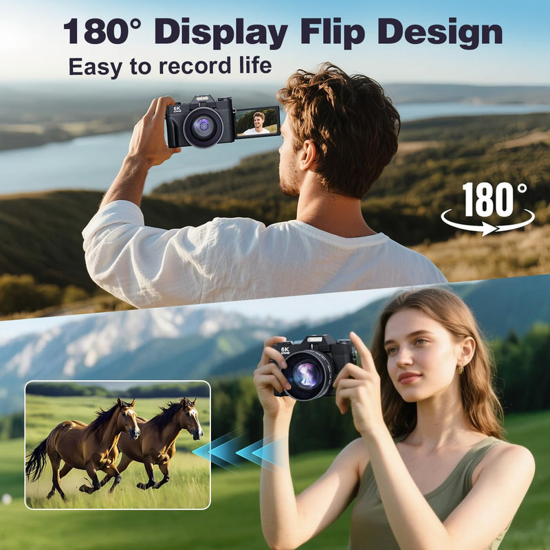 6K 64MP Digital Camera for Photography Vlogging Camera for YouTube, 180° Flip Screen, 16X Zoom Autofocus, Compact Travel Beauty Camera for Teens, with 52mm Lens, 2 Batteries, 32GB SD Card