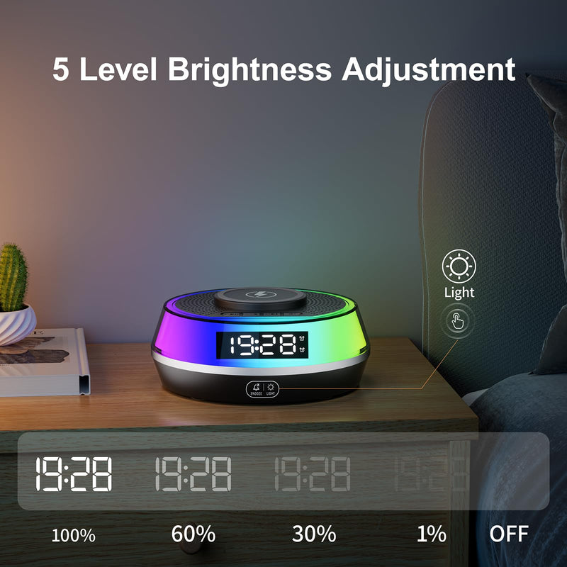 Wireless Charger Alarm Clock for Bedroom, 5W Bluetooth Speaker, 12 Soothing Sounds Machine, Dual Alarms, RGB Light, Ideal Gift for Heavy Sleepers, Adults, Teens, Kids, Senior(Black)