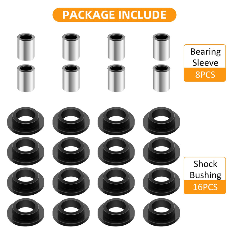 Shock Bushing 16pcs & Bearing Sleeve 8pcs Kits All 4 Absorber for Arctic Cat 250 300 375 400 500 650 700 Bearcat 454, OEM# 0604-310 0403-028
