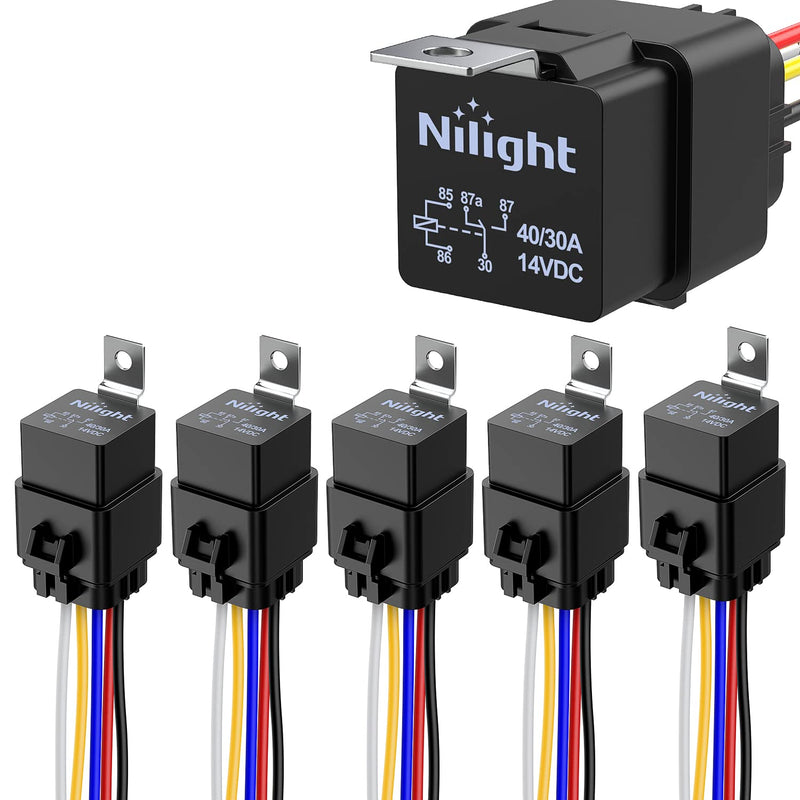 Nilight 50044R 5 Pack Waterproof 40/30 AMP Heavy Duty 12 AWG Tinned Copper Wires 5-PIN SPDT Bosch Style 12V Automotive Relay and Harness Set 30A-5PC