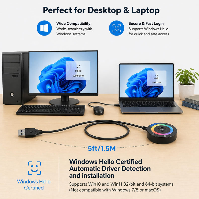 USB Fingerprint Reader for Windows Hello | PC Power Button, RGB Lighting, One-Click Lock, Auto Driver Install, 5ft Extension Cable