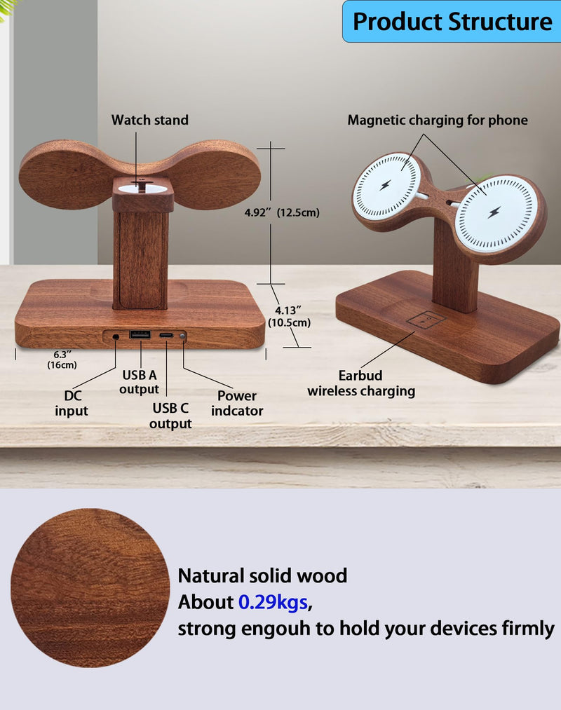 Compatible with Magsafe Dual Phone Charging Station for Apple Devices,Two Phone Wireless Charger for iPhone 17/16/15/14/13,AirPods & Apple Watch,Wood Charger Stand,Gift for Men Dad Boyfriend
