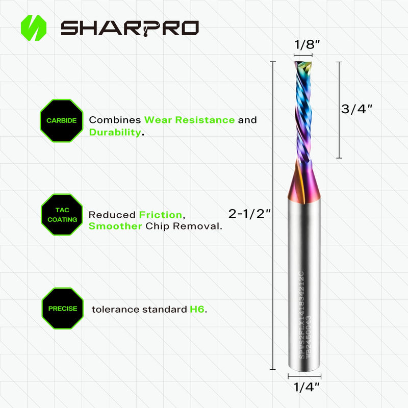 3PCS Compression CNC Router Bit 1/4 Inch Shank and 1/8 Inch Cutting Dia. 3/4 Inch CL. 2-1/2 Inch OVL. Solid Carbide Up&Down CNC Bits for Wood Cutting, Slot Mortise(Coating) 1/8"DIA - 1/4"SHK - 3/4'' CL - 2-1/2'' OVL(Coated)