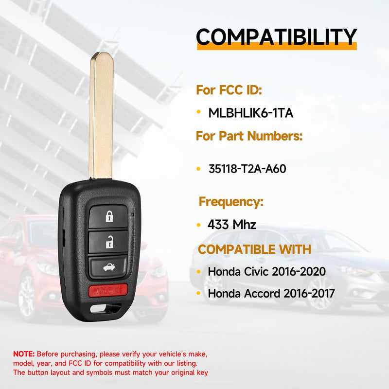 2 Pcs Smart Key Fob Replacement Fits for Honda Civic 2016 2017 2018 2019 2020 Honda Accord 2016-2017 Car Keyless Entry Remote MLBHLIK6-1TA 35118-T2A-A60 433MHz