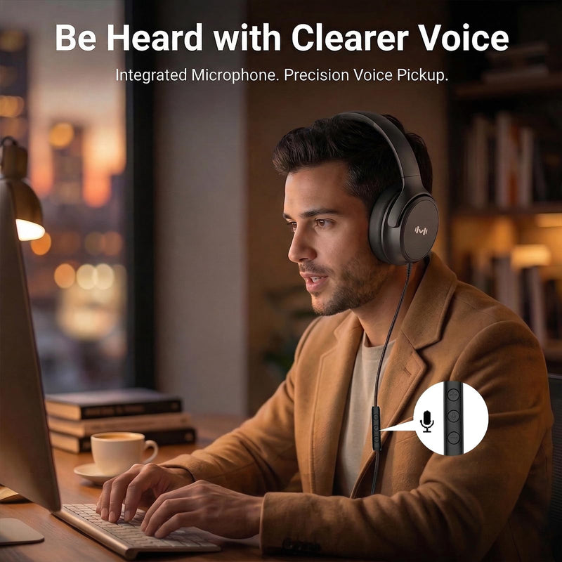 Wired Over-Ear Headphones, Mic, 3.5mm Plug, USB-C Adapter, Black | Foldable, adjustable headphones with soft cushions, inline mic, 3.5mm plug, and USB-C adapter for laptop, phone, and travel.