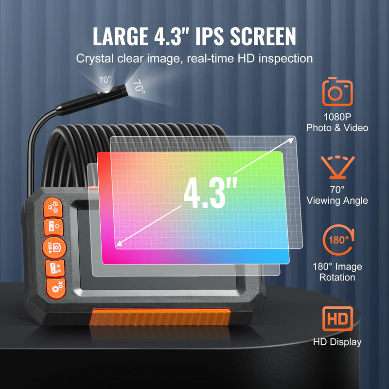 VEVOR Endoscope Camera with Light, Dual Lens Industrial Borescope, 4.3" Screen 1080P Inspection Camera, 8 + 1 Lights, 4X Zoom, IP67 Waterproof Snake Camera for Auto, Plumbing (16.4FT Cable, 32GB Card) 4.3" Screen-Dual Lens