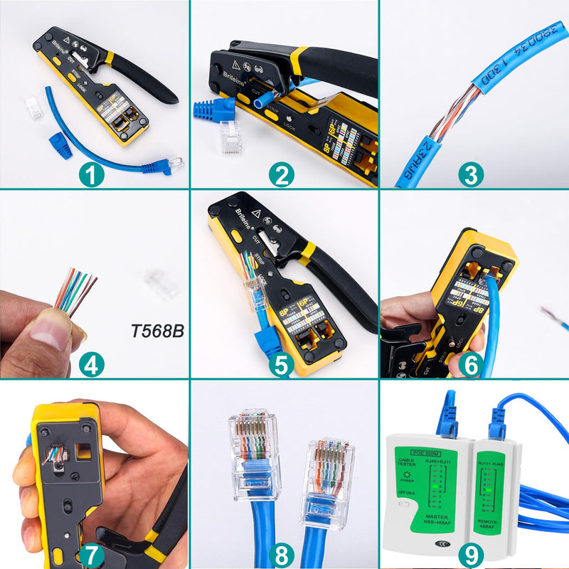 Brileine RJ45 Crimp Tool Pass Through Kit Ethernet Crimper Cat5 Cat5e Cat6 Crimping Tool for RJ11/RJ12 6P/8P with Network Lan Cable Tester, 50PCS Cat6 Connectors, 50PCS Boots, Mini Cable Stripper Crimper Kit-Yellow