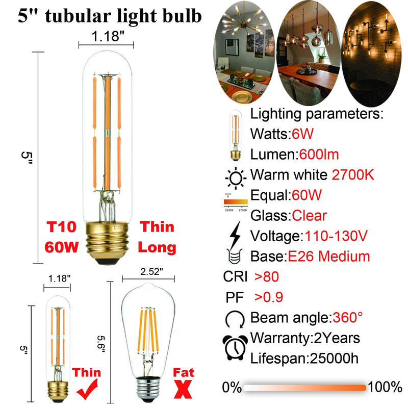 LiteHistory Dimmable E26 Edison Bulb 6W Equal 60 watt Light Bulb AC120V Warm White 2700K Edison Light Bulbs 60 Watt 600LM Tubular T10 led Bulb for Rustic Pendant,Chandeliers,Wall sconces,Vanity 6Pack 6w=60w Warm White 2700k 5 Inch(6 count)