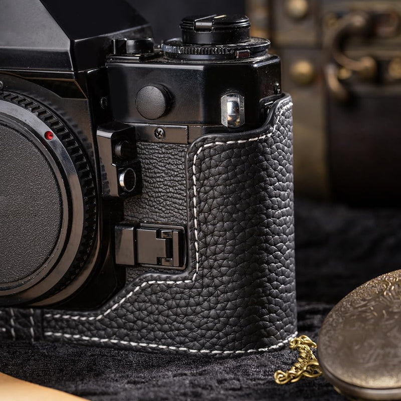 A1 Case New AE-1 case Handmade Genuine Leather Camera Protective Half Camera case, for Canon A-1 New AE-1 (Black-white line) Black-white line